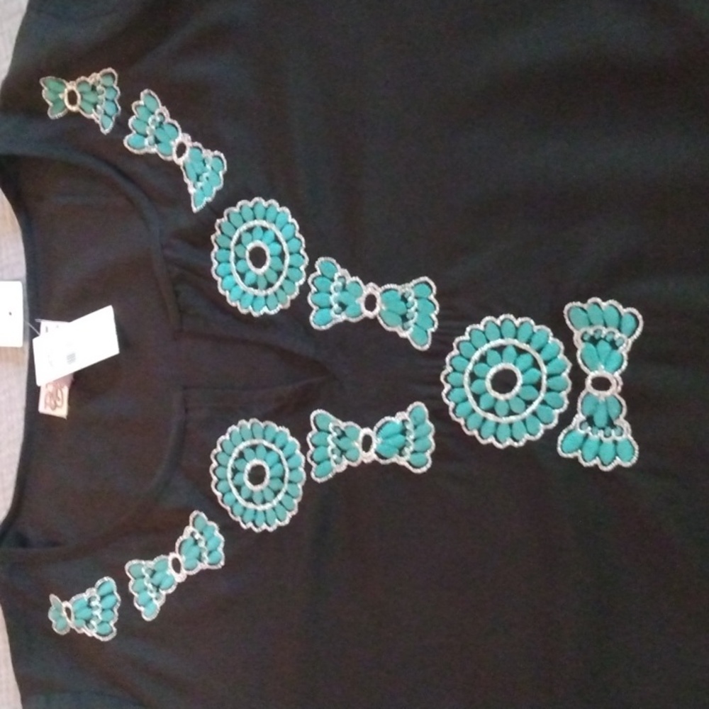 Pink Cadillac black and turquoise squash necklace embroidery flowy tunic